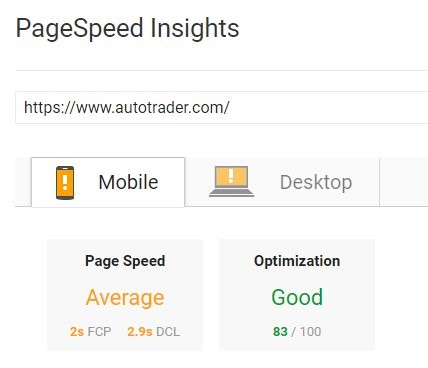 page speed results of a website