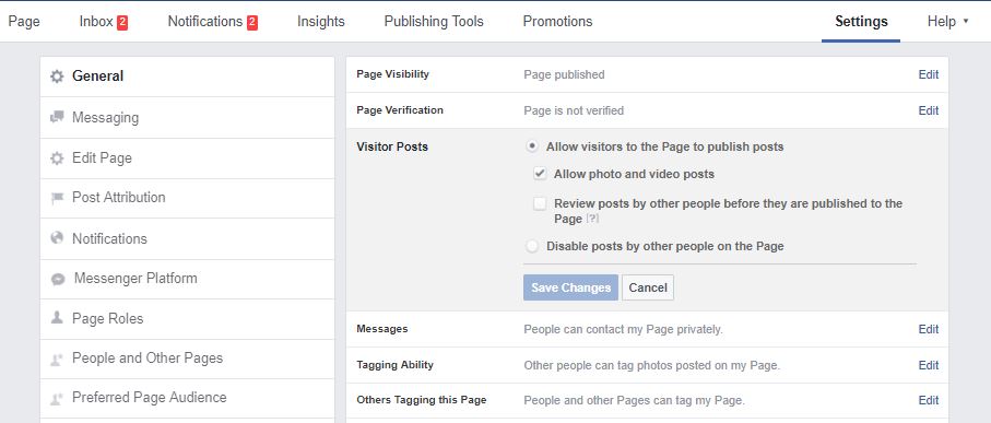 fb posts to page settings