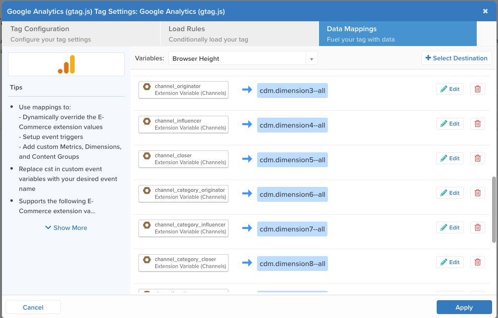 Data mapping custom dimensions