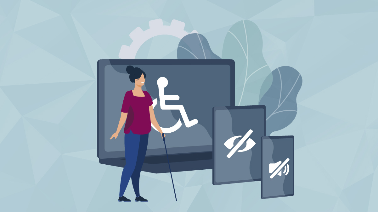 image of person with cane anddisability options on computer table and cell phone