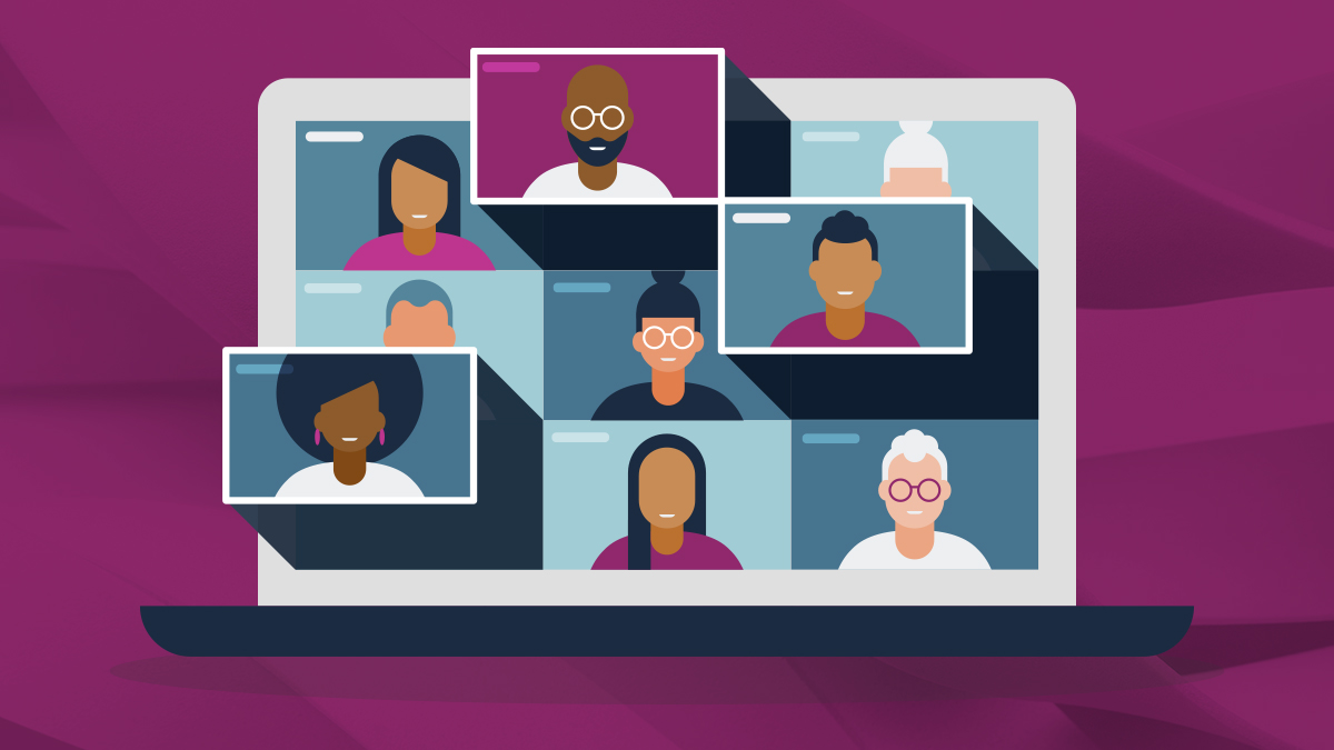 computer screen with groups of different people in boxes
