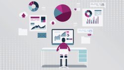 person sitting at desk with charts and visualizations floating above computer screen