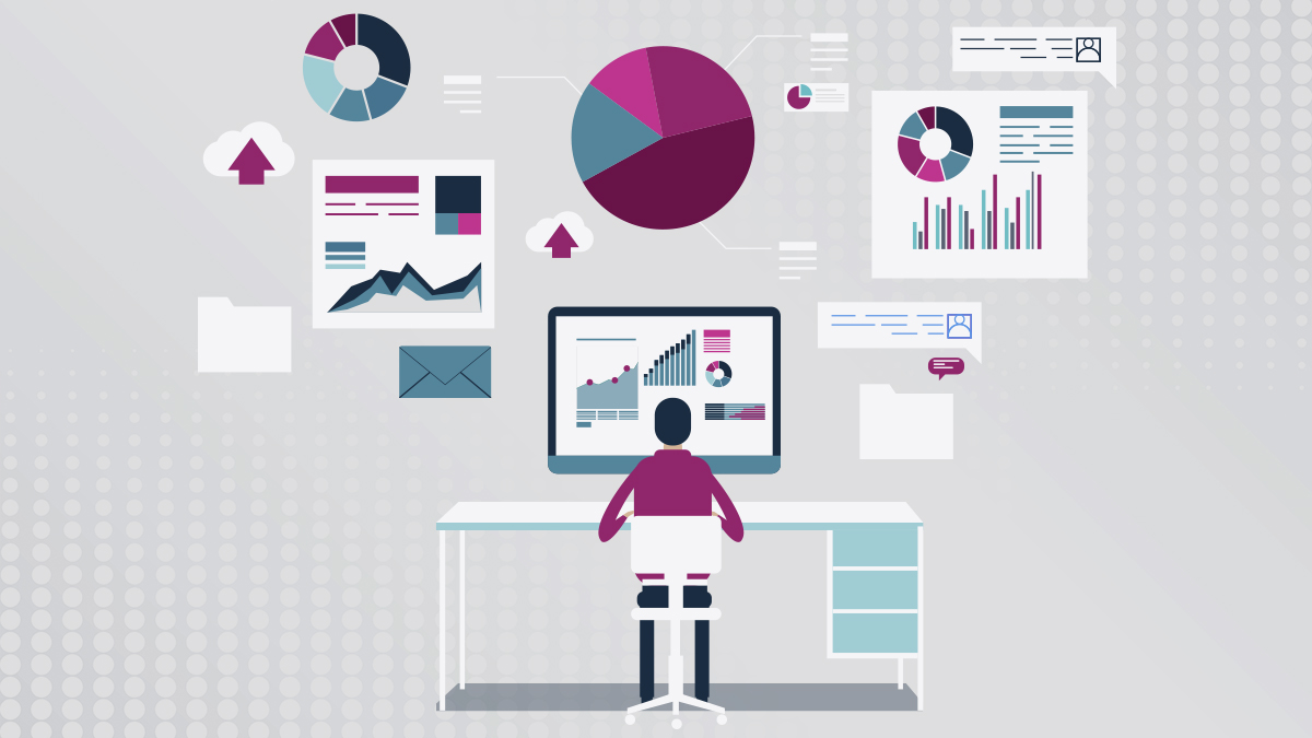 person sitting at desk with charts and visualizations floating above computer screen