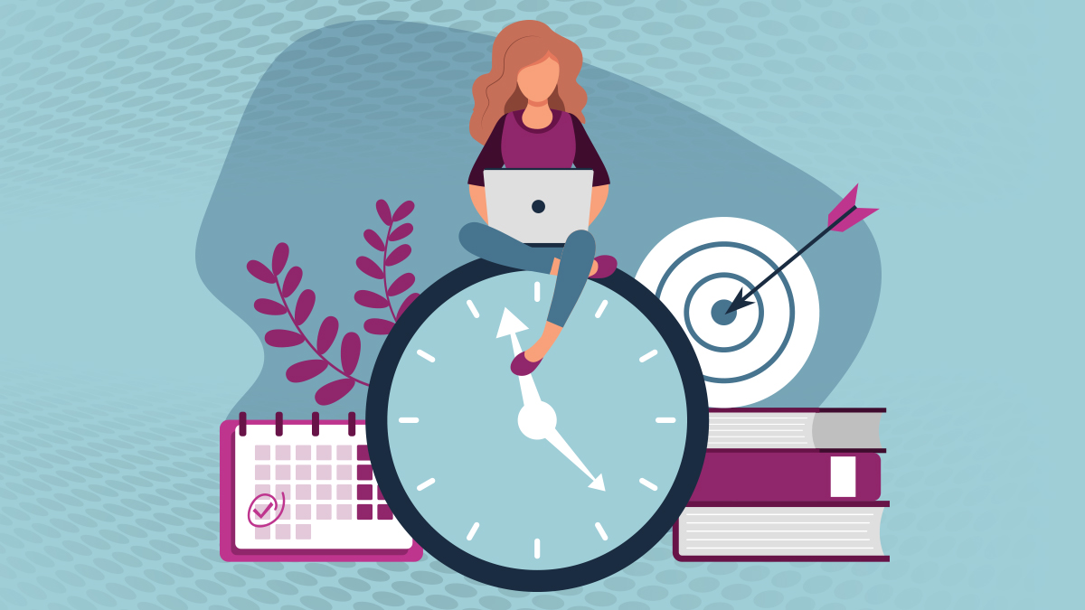 figure of a woman sitting on a clock and working on her laptop