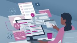 woman looks at multiple pages rising from computer screen to develop