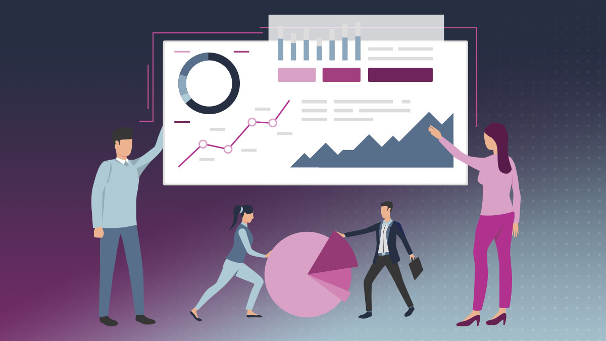 illustration of people looking at cdp report and analyzing data