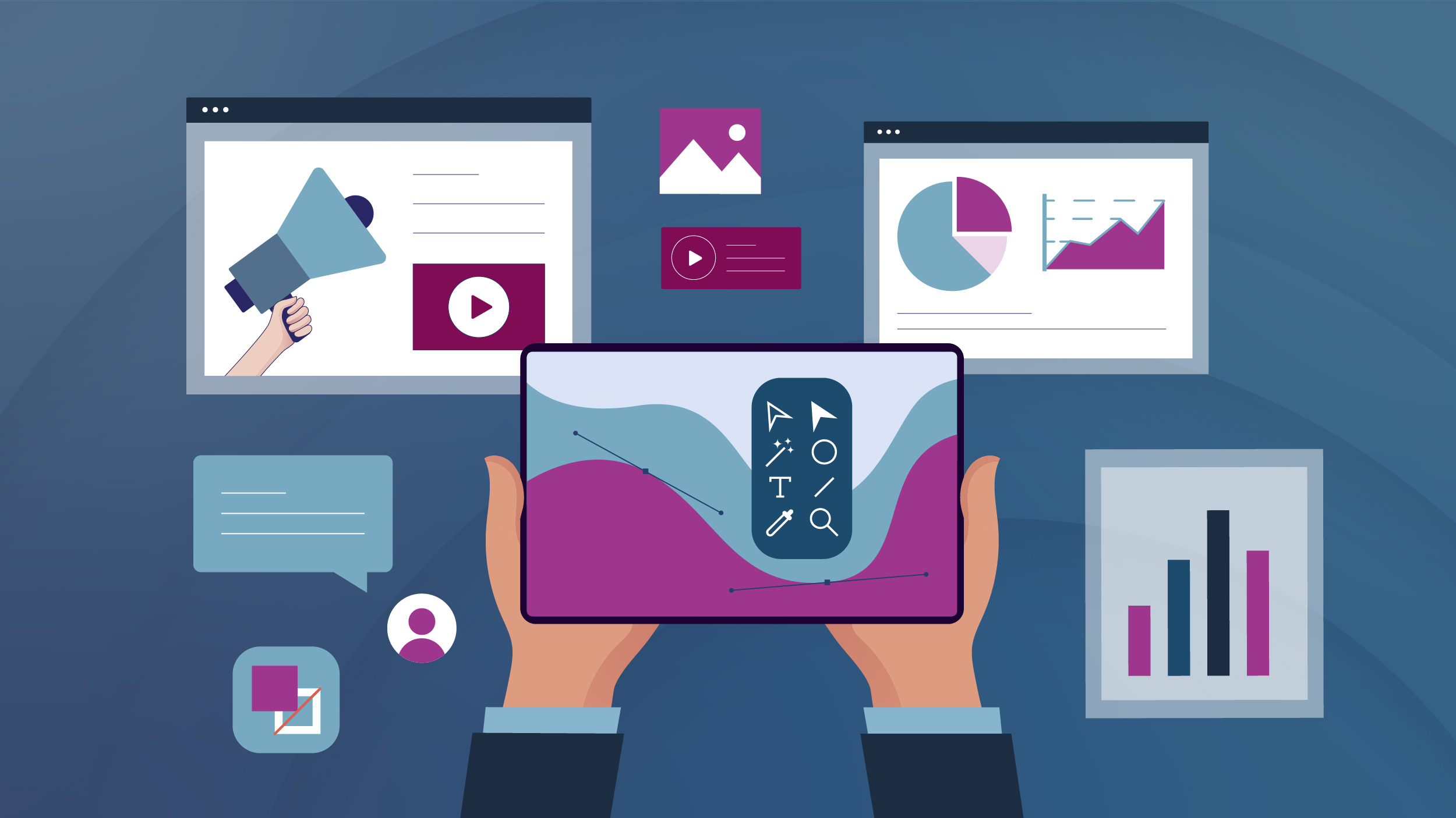 hands holding tablet with data tables surrounding