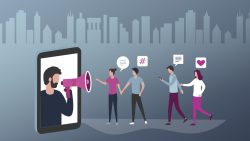 tablet with person popping out with a megaphone to represent social proof