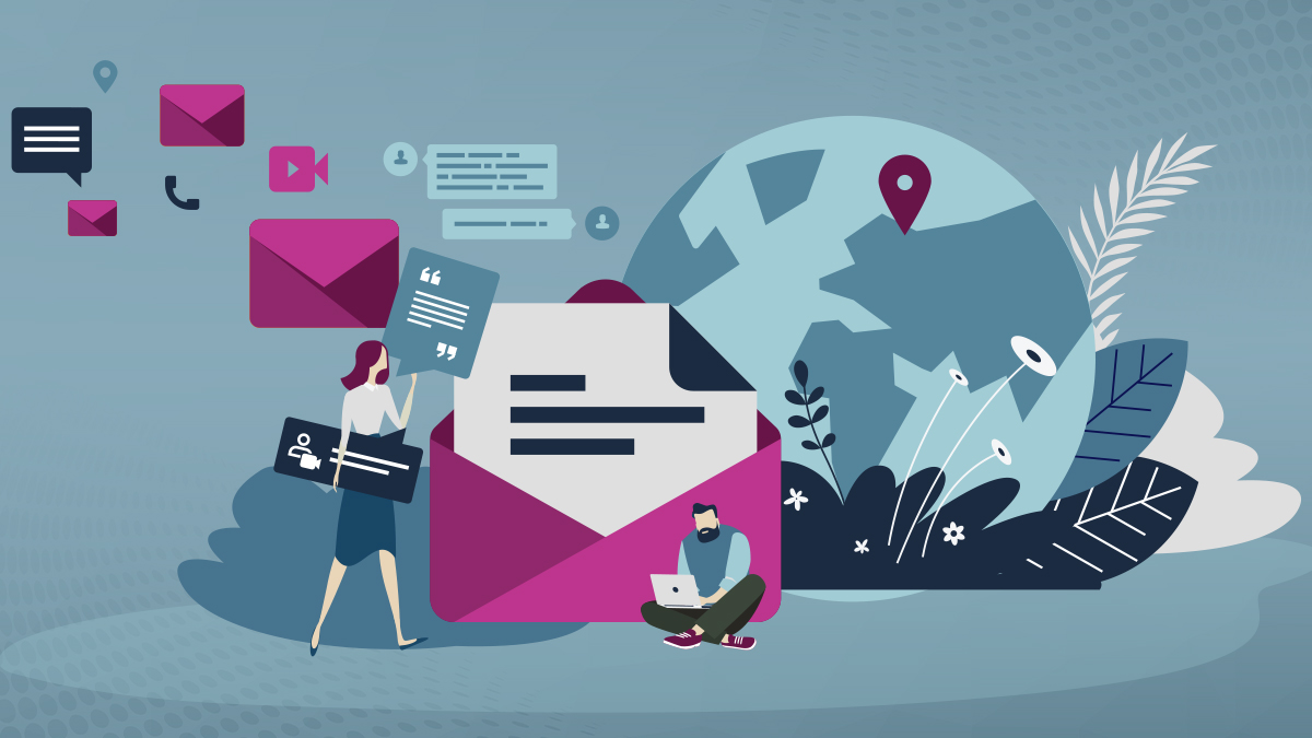 email icons woman walking and man on laptop