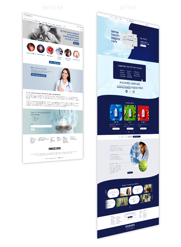 Before and after of website homepage